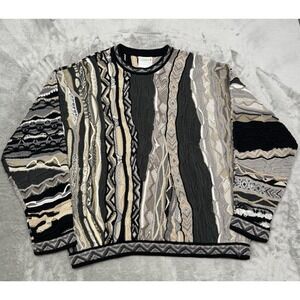 Vintage COOGI 3D Sweater Mens Large L Knit Textured Cotton Brown Beige 90s Y2K
